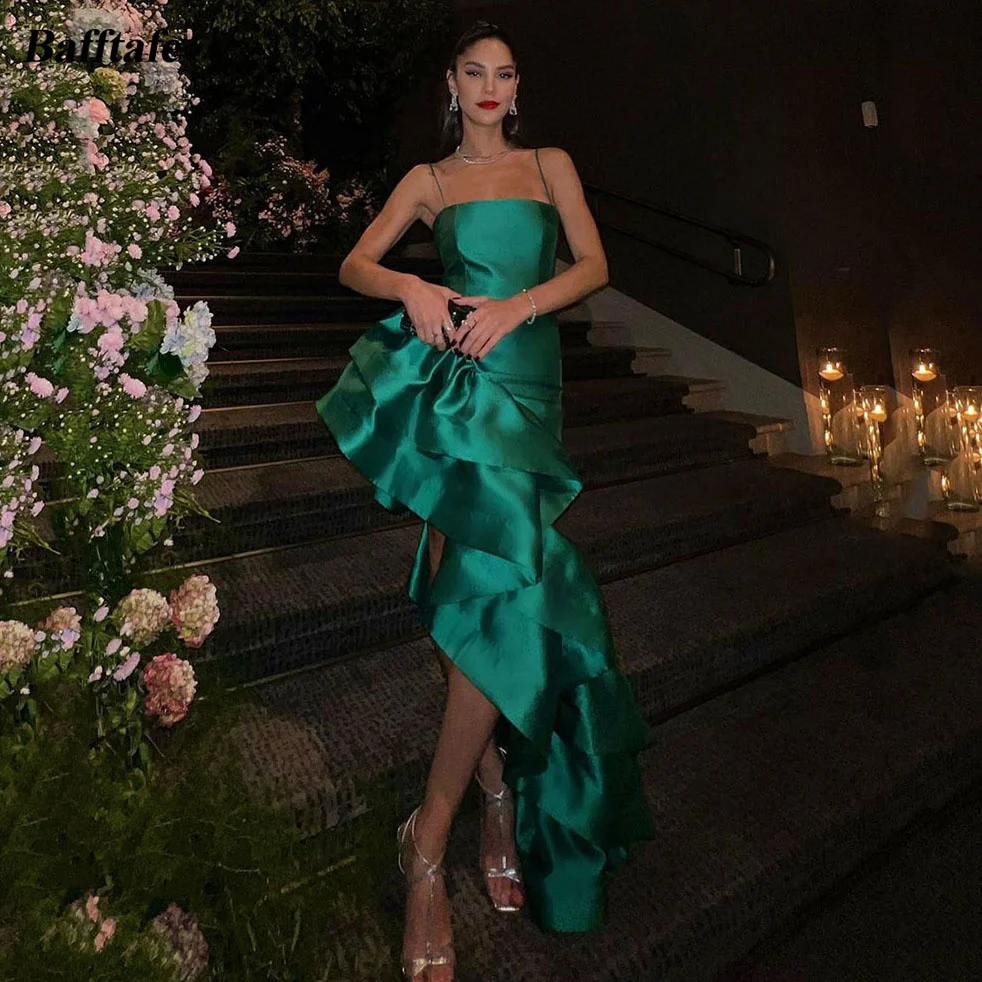 

Bafftafe Green Asymmetrical Prom Dresses Arabic Sheath Straps Silk Satin Formal Cocktail Gowns Special Wedding Party Women Dress