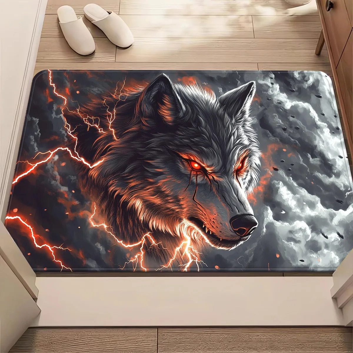 

3D Wolf Rug Flannel Soft Kids Carpet Lightning Print Bedroom Kitchen Floor Mat Anti Slip