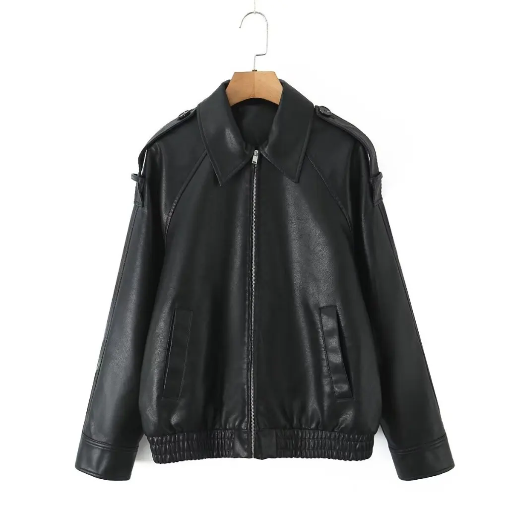 Fall Women's Casual Versatile Retro Fashion Leather Jacket Collared Coat European And American Style Supply