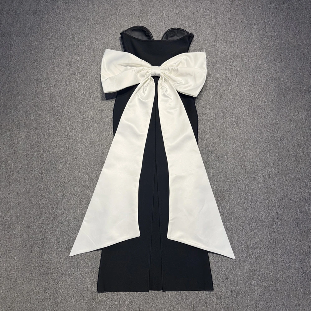 Black Strapless V Neck Long Dress with Large White Bow Sexy Backless Sleeveless Prom High - End Evening Gown Vestido