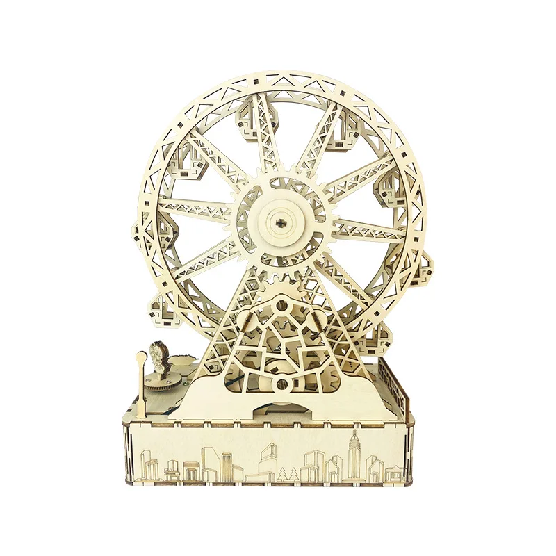 3D Wooden Puzzle Rotating Ferris Wheel Music Box Model Handmade DIY Assembly Toy Jewelry Box Jigsaw Model Building Kits for Kids