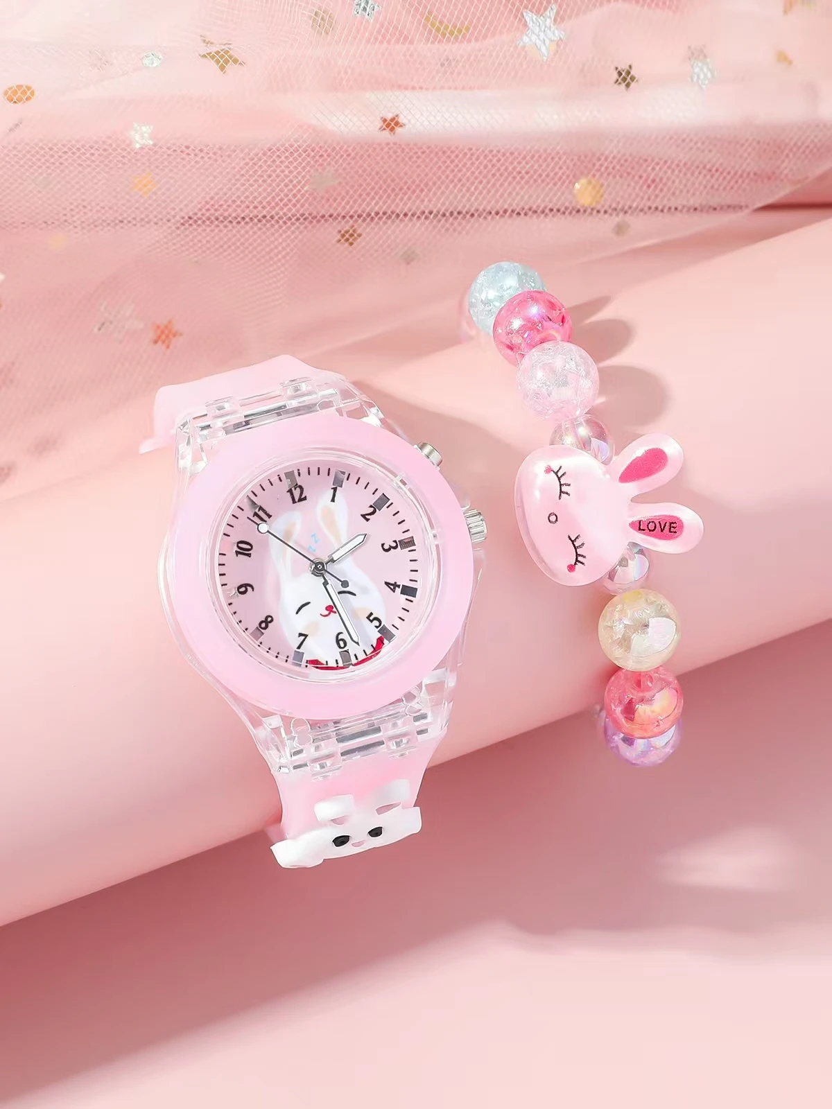 Cute Pink Rabbit Quartz Watch Six-Piece Set, Suitable for Christmas Holiday Gift Giving