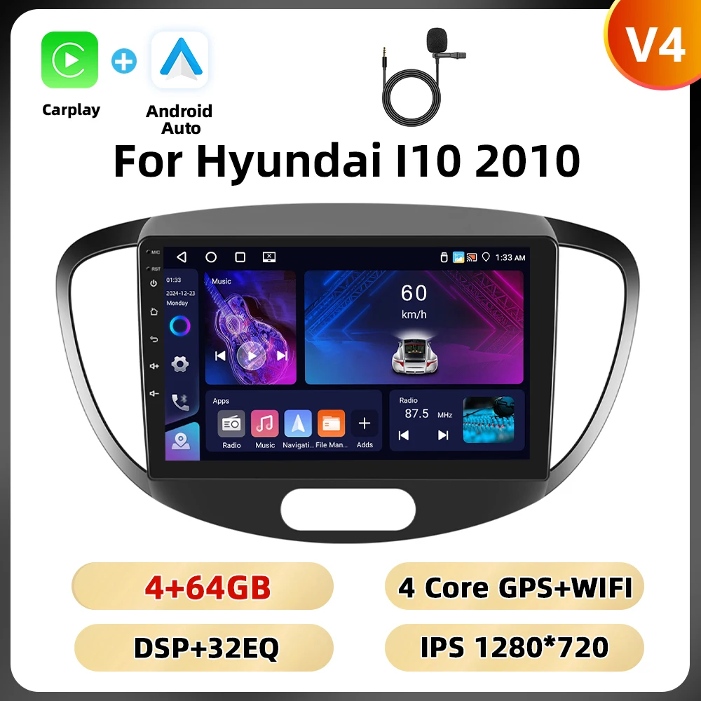 Podofo 8 + 128G 9 ''Autoradio Voor Hyundai I10 2010 Multimedia Speler Android Auto Carplay 8Core spiegel Link Bluetooth WIFI 4G RDS