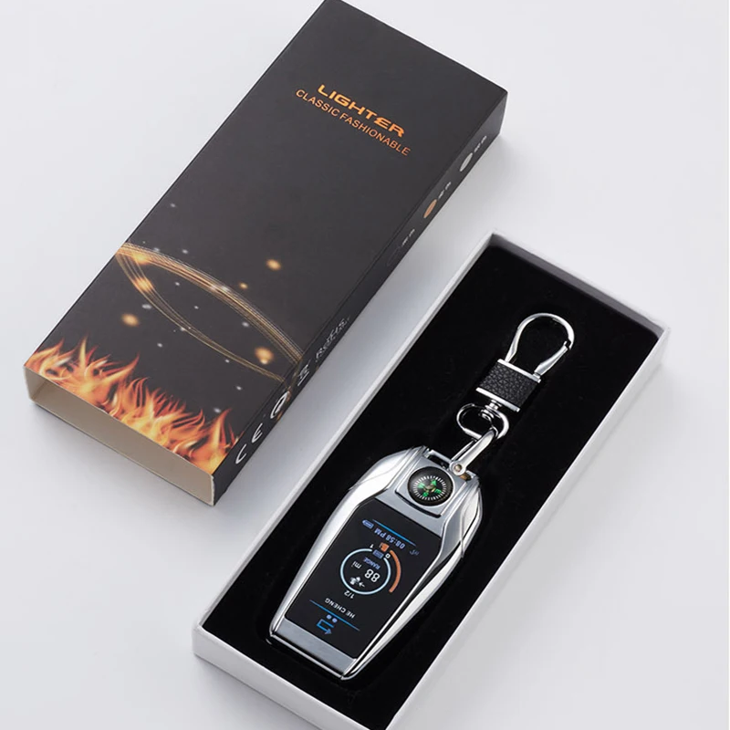 Outdoor Dual-Power Keychain Lighter - Jet Flame Metal Body Rechargeable Refillable with Built-in Compass
