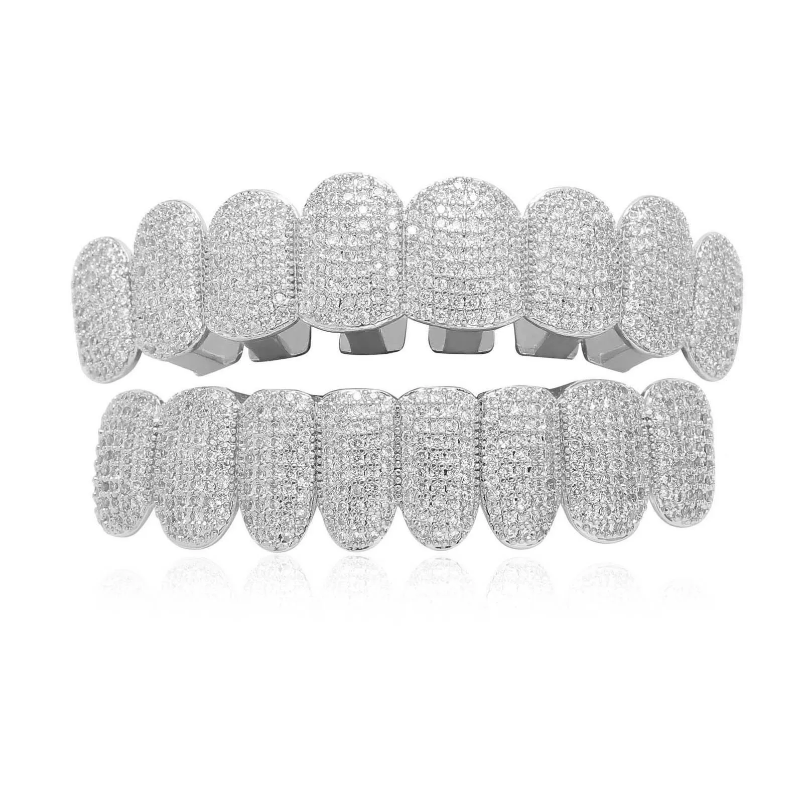 

Full CZ Teeth Grillz Caps Cubic Zircon Iced Out Micro Pave Top&Bottom Charm Grills Set For Men Women Hip Hop Jewelry