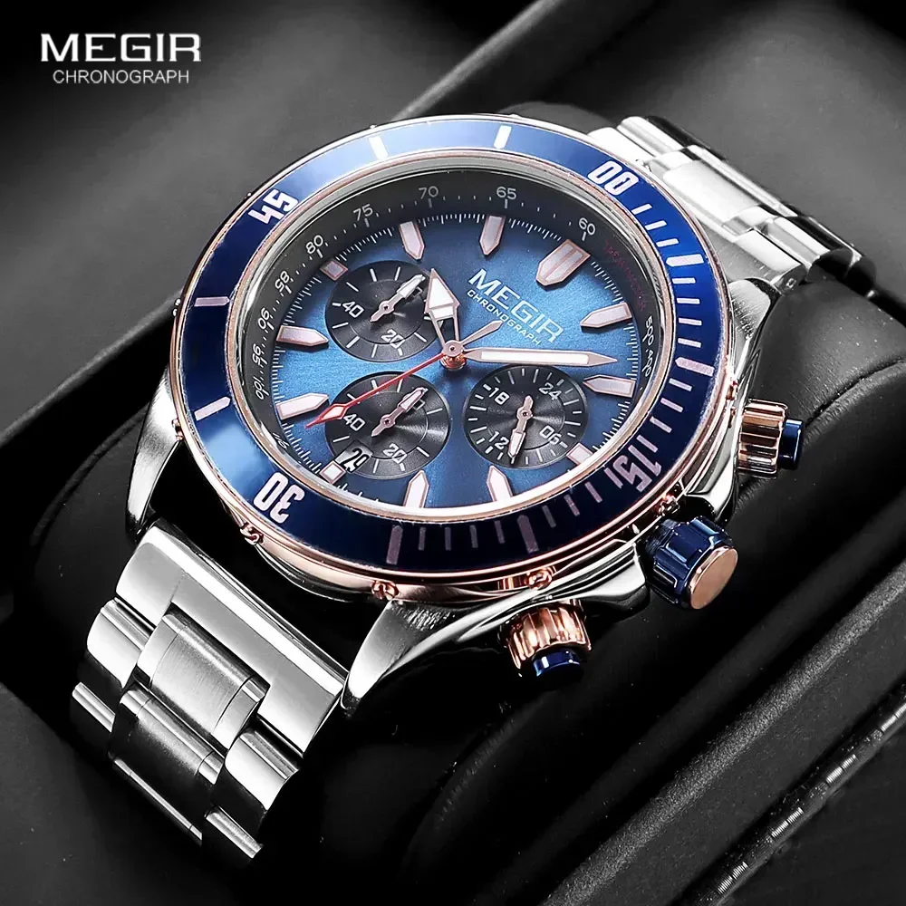 MEGIR Business Dress Watch Men Silver Blue Luminous Waterproof Chronograph Quartz Wristwatch with Stainless Steel Band Date 2226