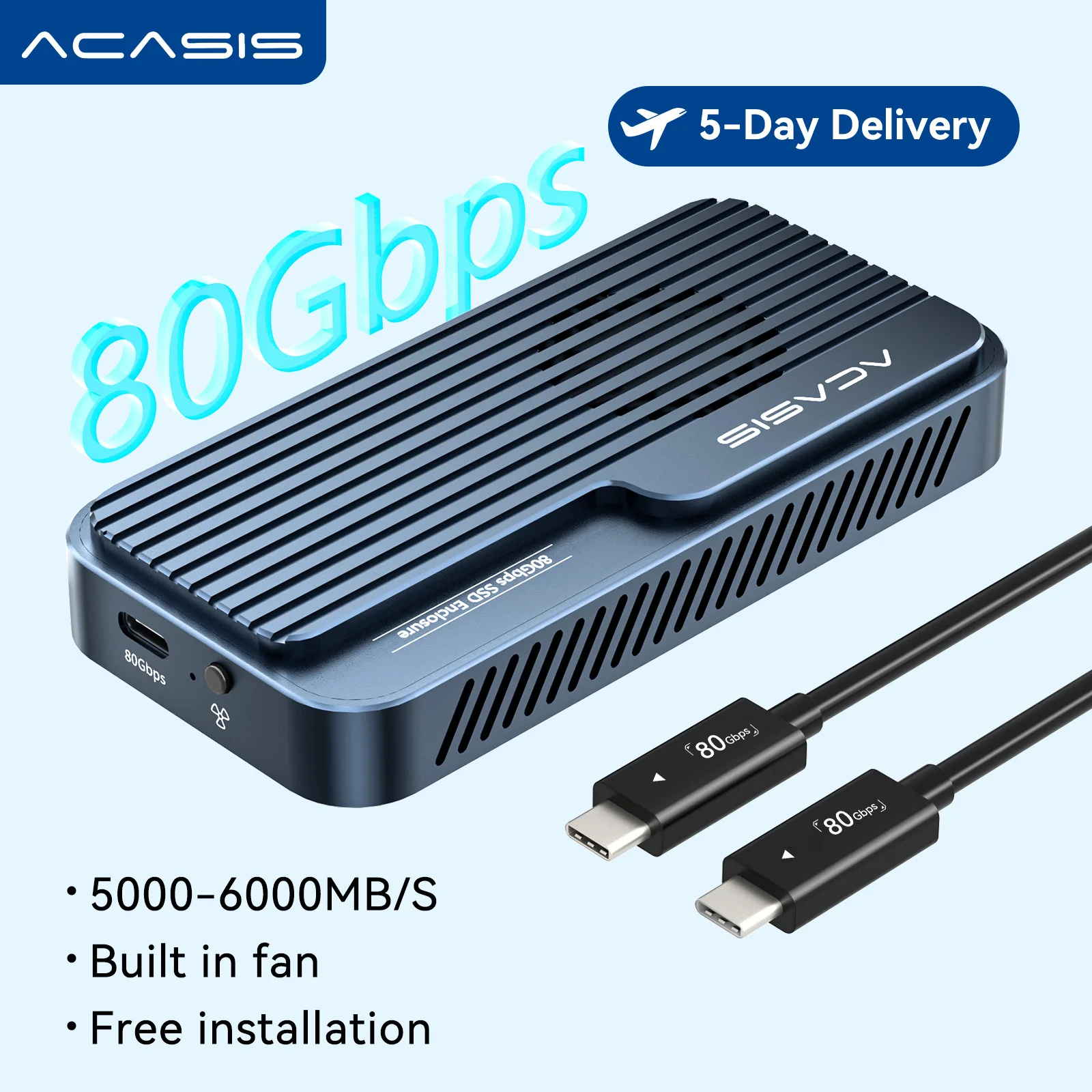 Acasis 80Gbps USB 4 V2 SSD 케이스 냉각 팬 포함 JHL9480/RTL9210 칩 TB3/4/5 및 USB4/3.2 Gen2, M.2 NVMe 맥북 프로용