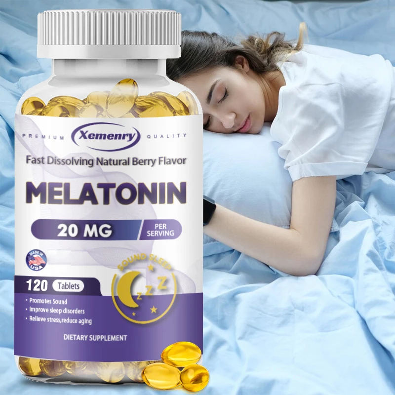 Cápsulas de melatonina de 20 mg: promueve la caída del sueño rápidamente, calma la mente, suplemento natural de ayuda para el sueño