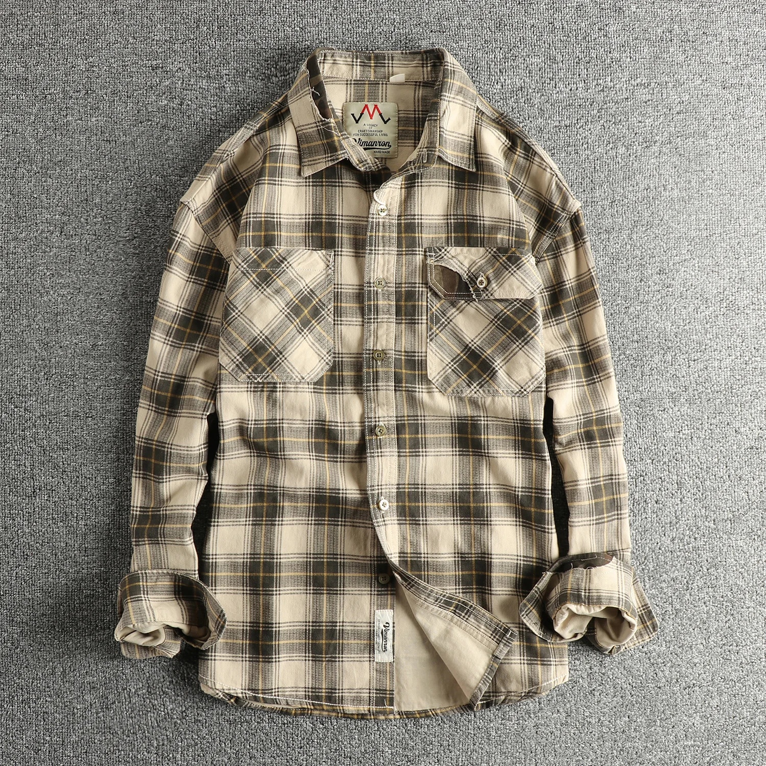 

Осень 2023, новая японская ретро клетчатая рубашка-карго с длинными рукавами и лацканами, мужские простые повседневные блузки из 100% хлопка с двойными карманами