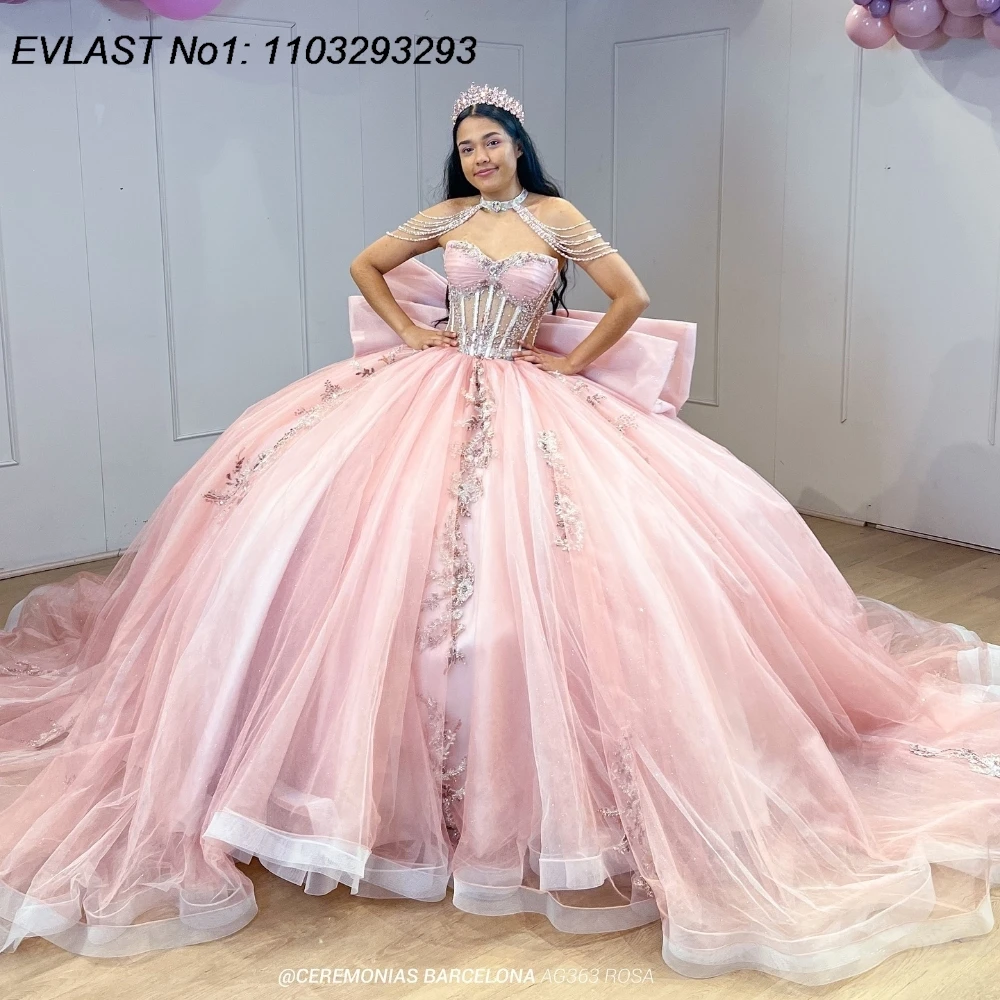 

EVLAST индивидуальное розовое бальное платье 2025 года, платье Quinceanera, кружевная аппликация, украшенное кристаллами и бантом из бисера, милое платье 16, Vestidos De 15 Anos E1Q638