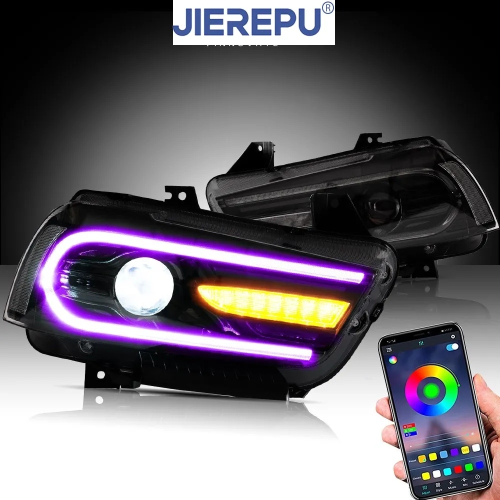 

1 комплект светодиодных фар RGB для Dodge Charger 2011-2014, фары для проектора, последовательное изменение цвета, аксессуары для автомобильных фар