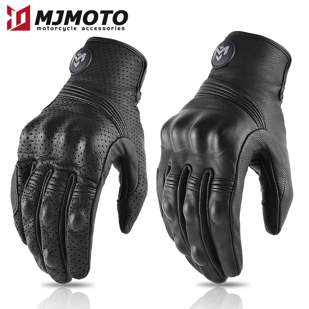 Men's Retro Perforated Leather Motorcycle Gloves Vintage Summer Motorcross Protection Hard Shell Cycling Biker MTB Moto Guantes