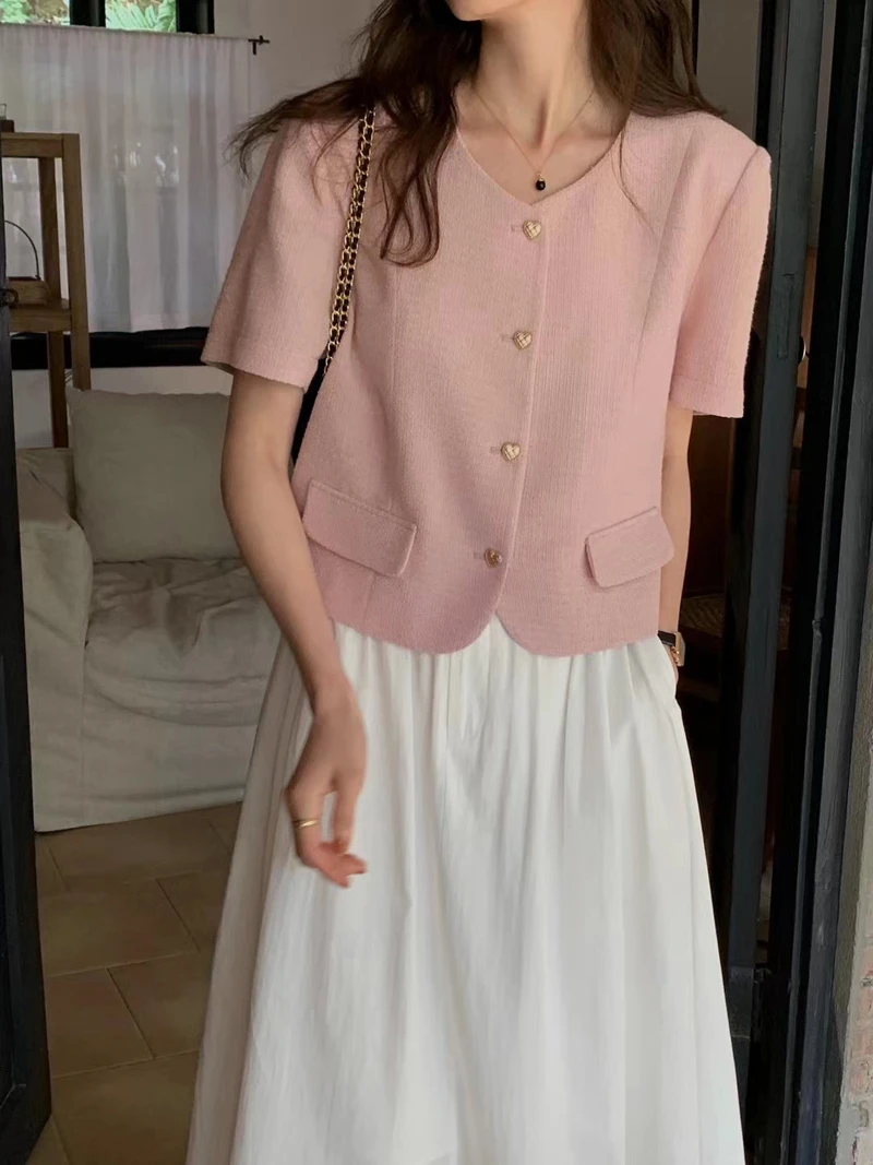 Korean Short-sleeved Blazer Women 2023 Summer Luxury Tweed Jacket Pink Love Button Cropped Top Casual Fashion Short Black Coat