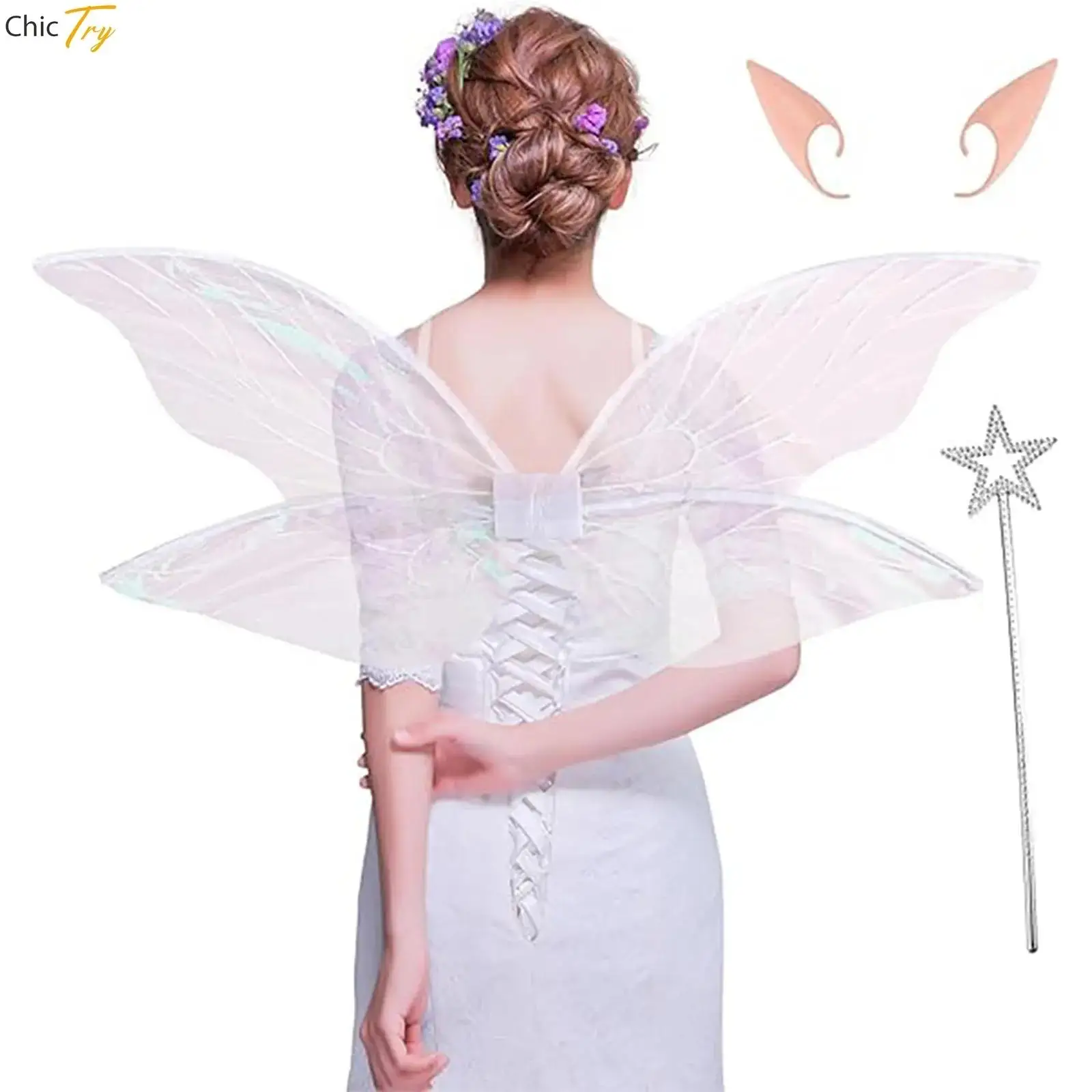 Gradient Fabric Wings Star Wand Elf Ears Party Angel Fairy Cosplay Props Women Girl Halloween Elf Princess Costume Accessories