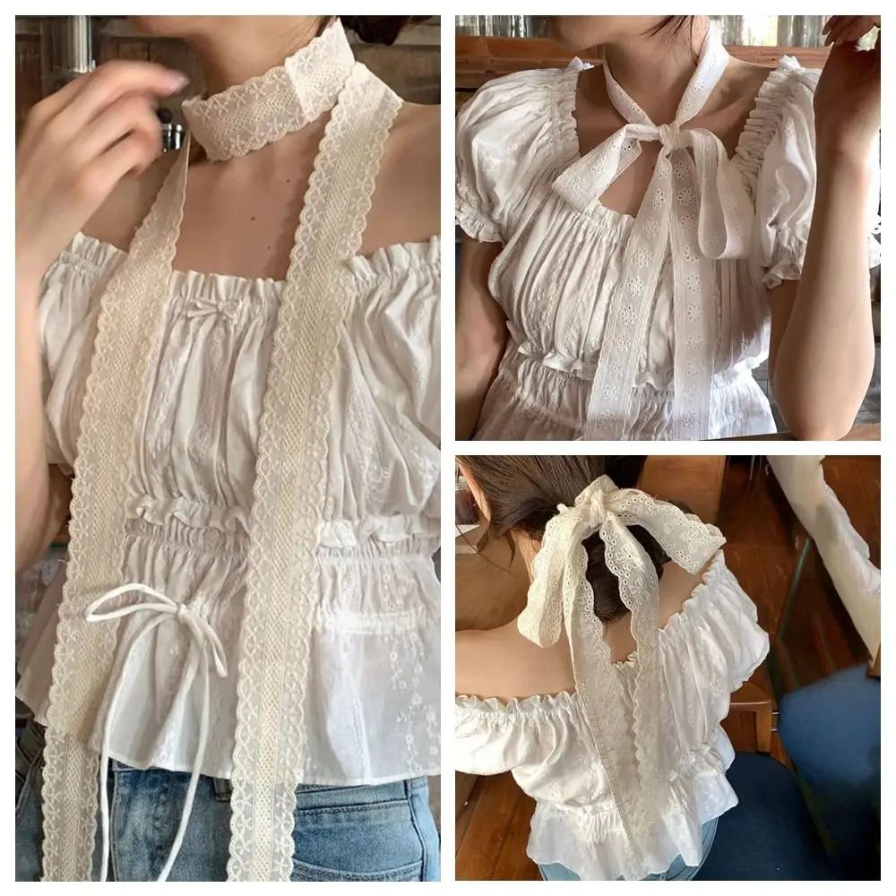 

French Pastoral Style Lace Scarf Adjustable Soft Wrap Sweet Bow Headband Elegant Turban Accessories Ribbon Hair Strap Women