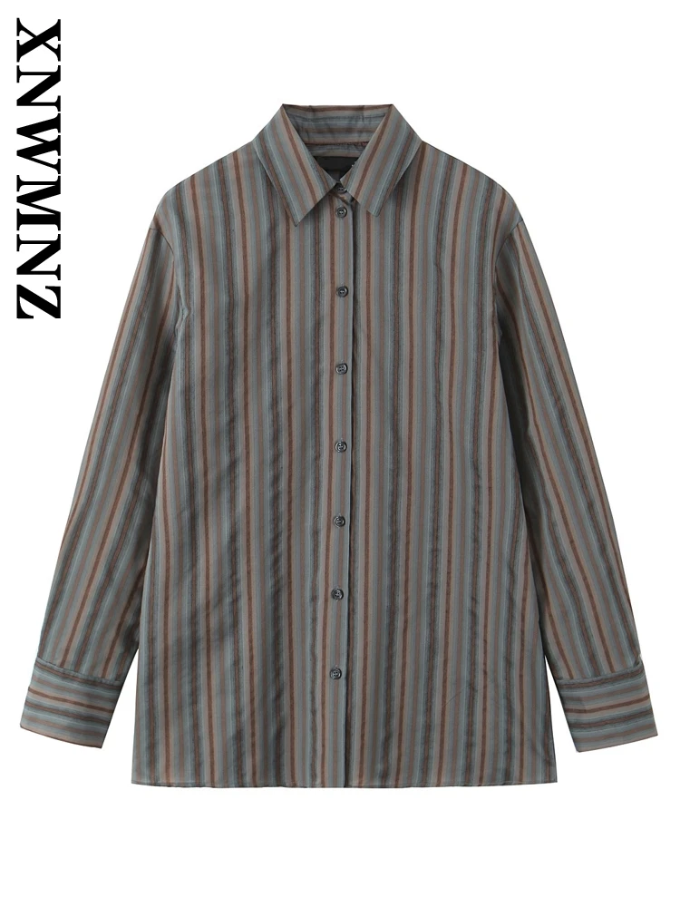 XNWMNZ Woman's 2024 New Autumn Vintage Turn-down Collar Striped Print Shirt Top Female Casual Single-breasted Long Sleeve Coat