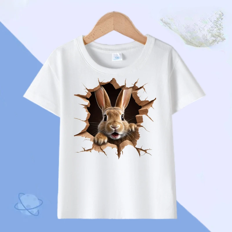 T-shirt de coelho fofo tridimensional masculina e feminina, manga curta, moda família animal fofa