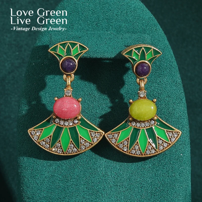 

Vintage Enamel Green Earrings Drop Dangle For Woman Natural Stone Gold Color Luxury Designer Jewelry Party Accessories 2025