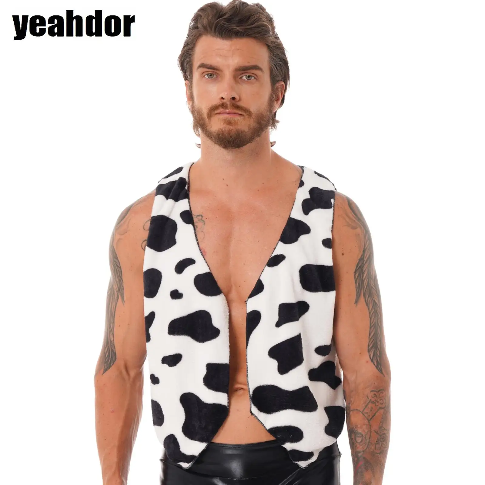 

Men Cow Print Vest Flannel Waistcoat Tops Cowboy Cardigan Sleeveless Open Front Coat Jackets Halloween Rave Party Fancy Dress Up