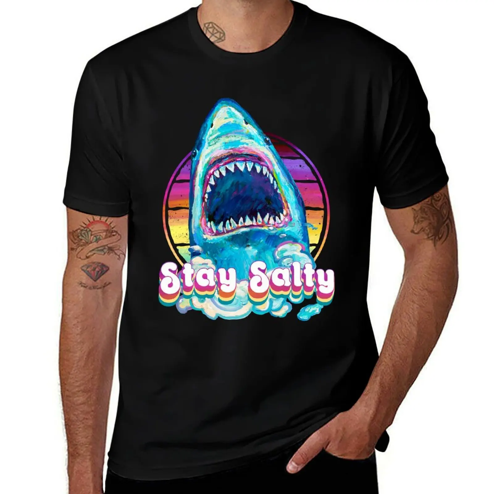 Stay Salty Retro Great White Shark by Robert Phelps T-Shirt Basic Breathable Solid Color T-Shirt