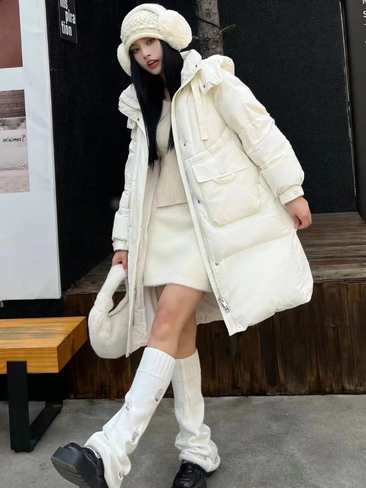 

Women's Loose Mid-length Hooded Coats, Monochromatic Jackets, Thick Down Coats, Warm Outerwear, Candy, Fashion, New, 2024