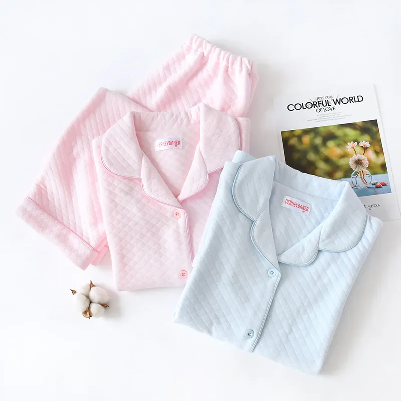 New Autumn And Winter Pajamas Ladies Pure Cotton Long-sleeved Thick Warm Winter Home Service Suit Solid Color Cardigan Sleepwear