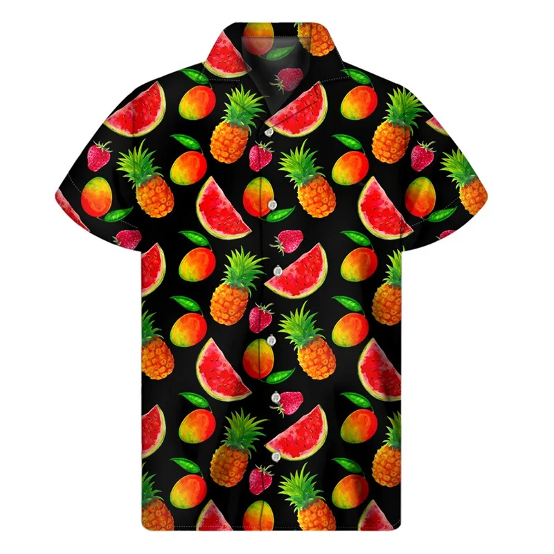 Cherry Apple Strawberry Graphic Shirt Men 3D Print Fruits Hawaiian Shirts Summer Button Short Sleeve Loose Lapel Aloha Blouse