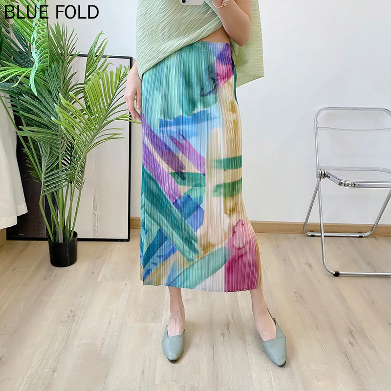 

Miyake Folds Niche Design Skirt for Women, High Waist, Retro Watercolor Print, Slimming Hip Split, Summer