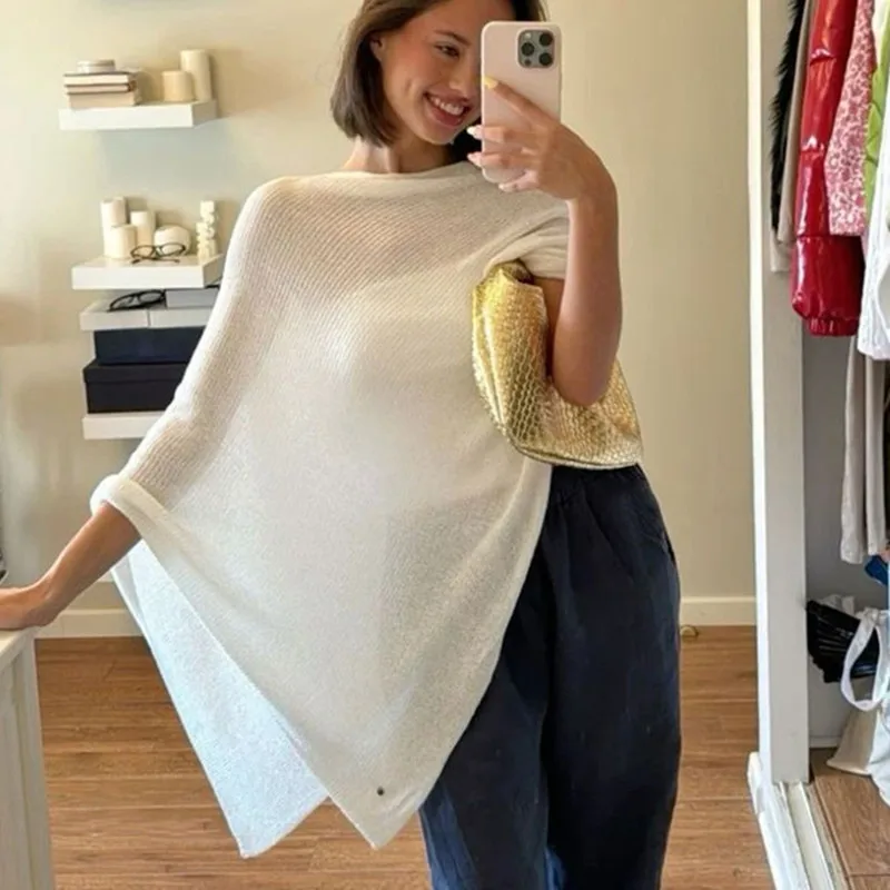 レディース シアー ポンチョ トップ 軽量 ニット ショール オフショルダー メッシュ ブラウス カバーアップ トップス Y2k エステティック ビーチウェア