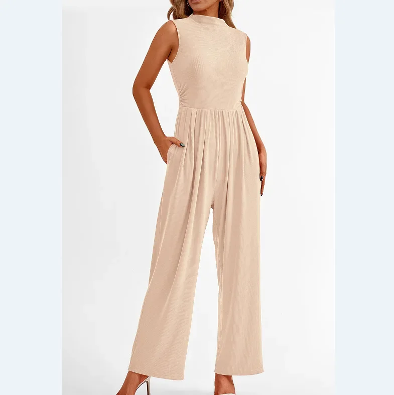 Tute da donna One Piece O Neck Pagliaccetti senza maniche Salopette Solid Pantaloni a gamba larga Tasche Vita alta Lunghezza caviglia Nozioni di base 2025