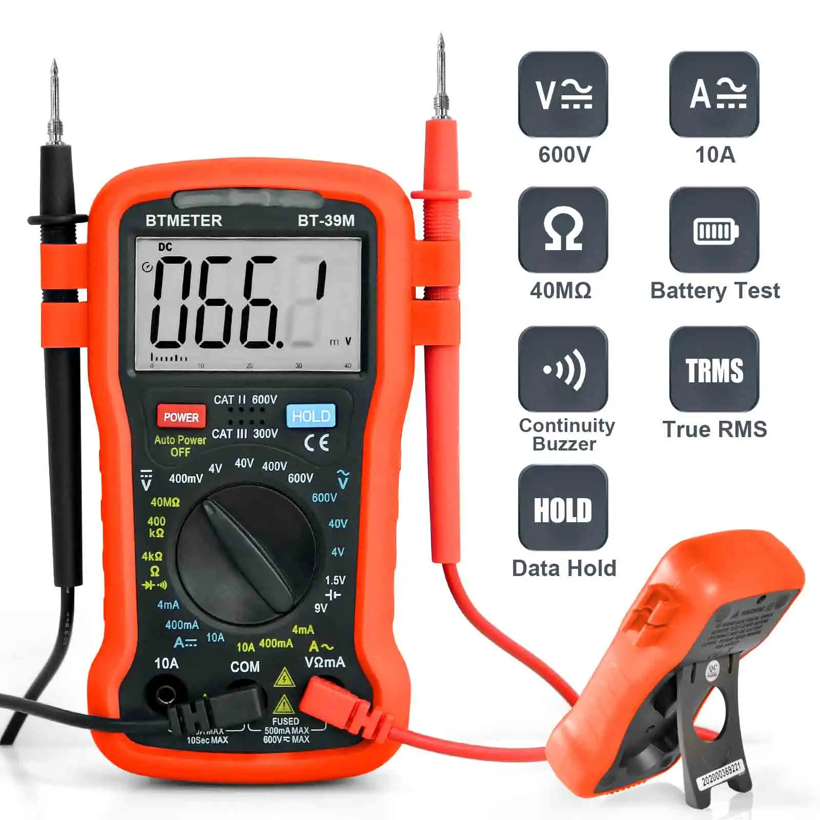 

BTMETER Digital Multimeter Electrical Tester, 4000 Counts TRMS Volt Meter AC DC Current Ohm Meter with Continuity Buzzer,BT-39M