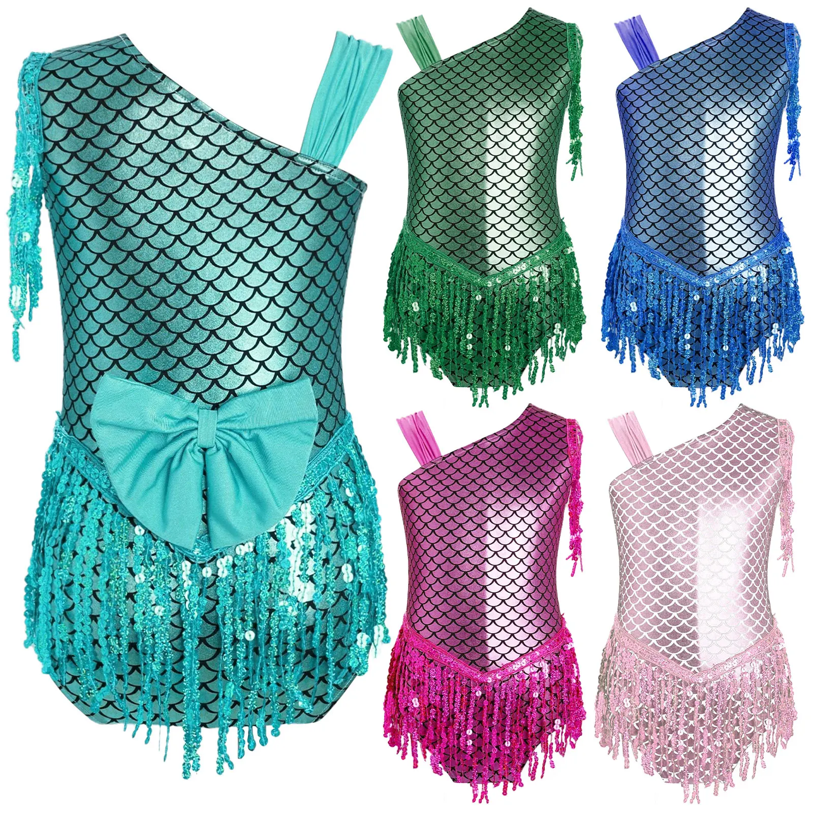 Girls Metallic Fish Scale Gymnastic Leotards Jumpsuit Mermaid Dance Leotard Bowknot Sequins Tassels Bodysuit Halloween Costume