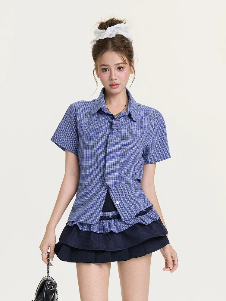 

Белая женская рубашка в клетку в стиле колледж с коротким рукавом, приталенная, с завязками на плечах, летняя