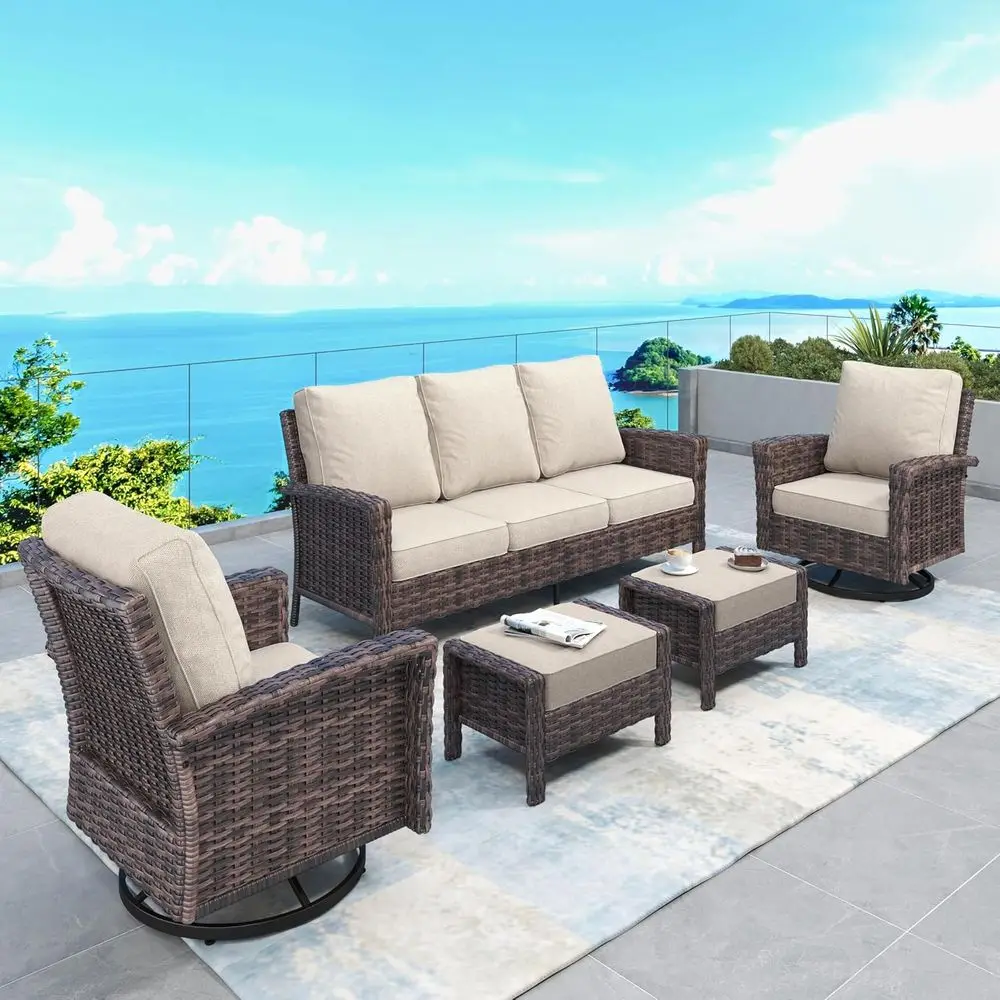 

5-Piece Outdoor Patio Furniture Set with Swivel Wicker Chairs, High Back Sofa, Thick Cushions, and Ottoman, Beige