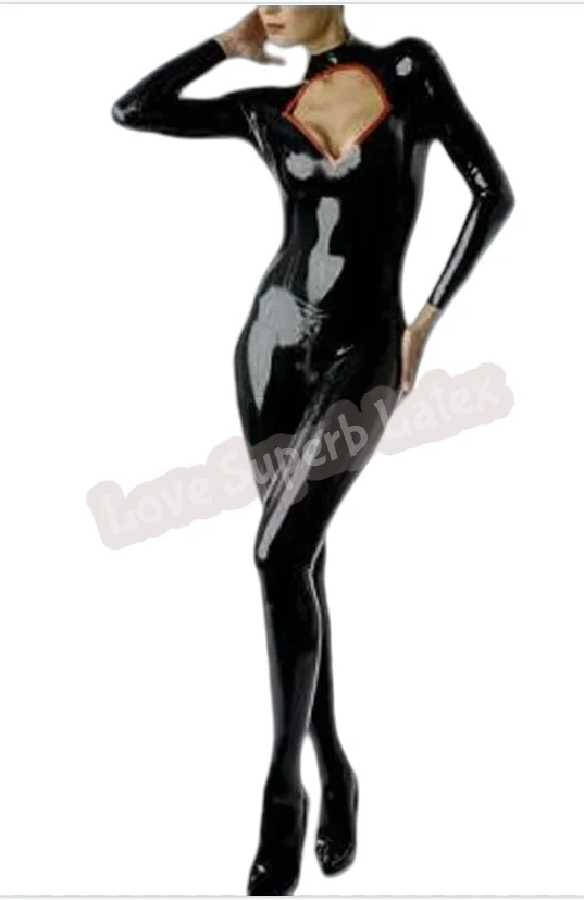 Sexy decote em v preto e vermelho látex catsuit zentai gummi bodysuit volta virilha zíper feito sob encomenda