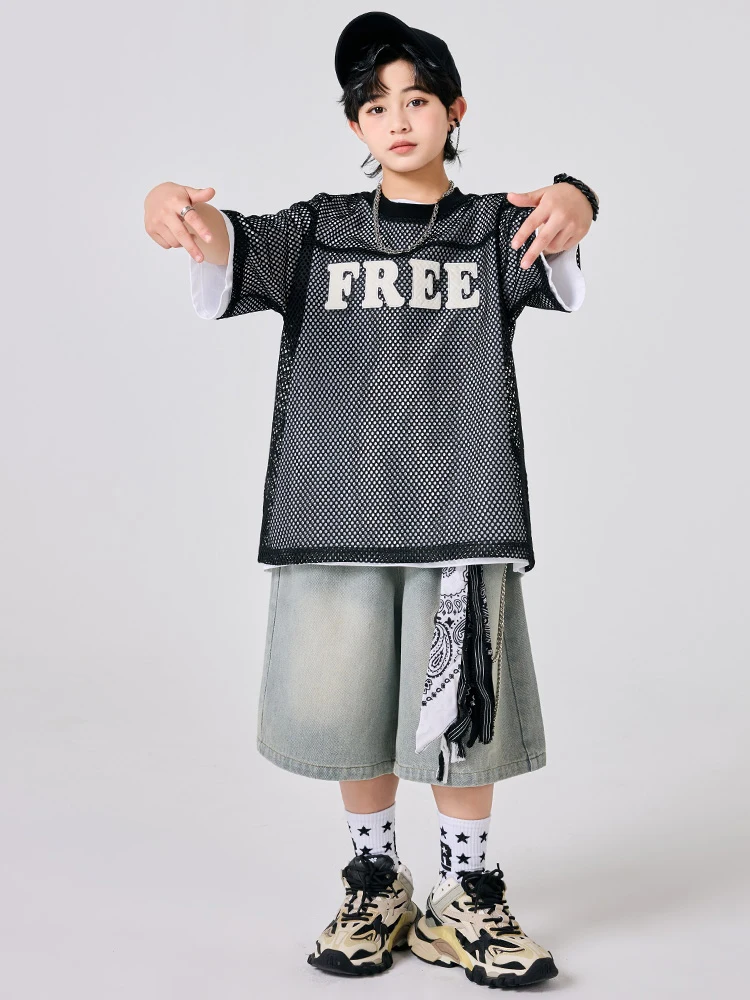 Crianças jazz dança terno solto hip hop dança streetwear manga curta dobrar através topos jeans dança de rua desempenho wear dn20353