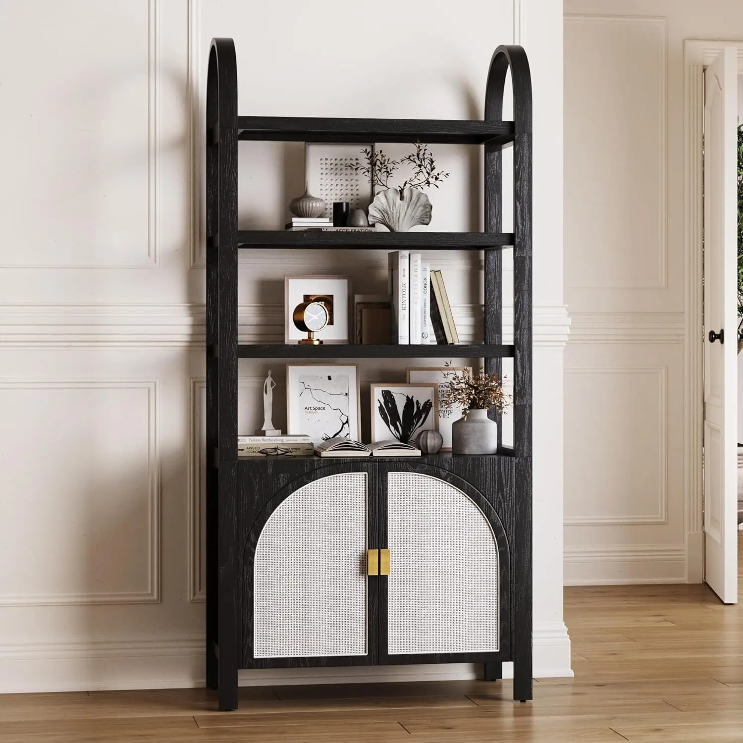 

Nathan James Paxton Boho Bookshelf Cabinet With Solid Wood Frame Rattan Bookshelf With Cabinet Base, Arched Bookcase Cabinet