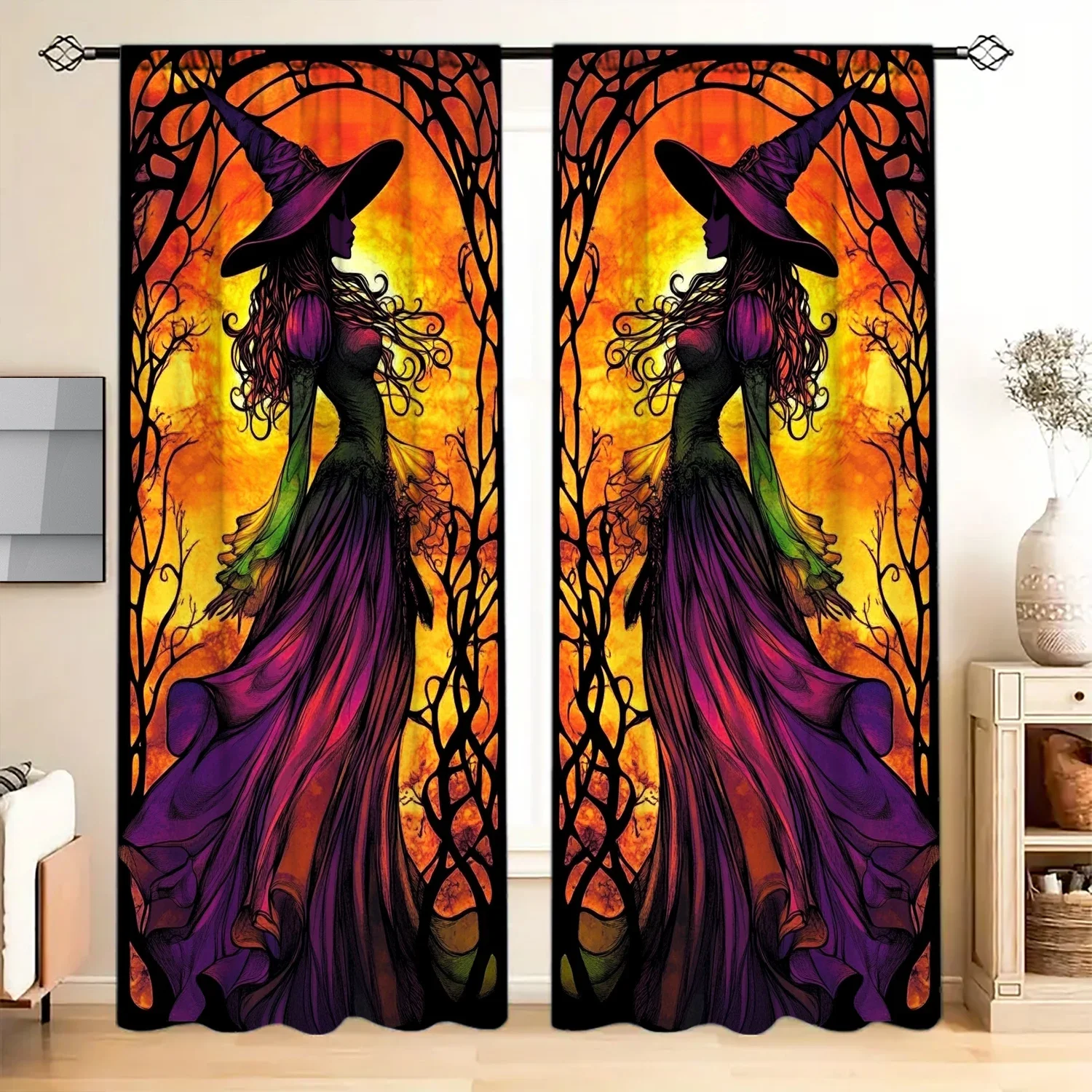 

2 шт., занавеска с принтом ведьмы, занавеска с принтом для домашнего декора на Хэллоуин-карман стержневым карманом для обработки окон для спальни, офиса, кухни