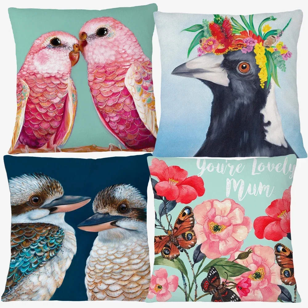 Beautiful Bird Parrot Kookaburra Floral Painting Cushion Cover Home Decorative Sofa Throw Pillow Case