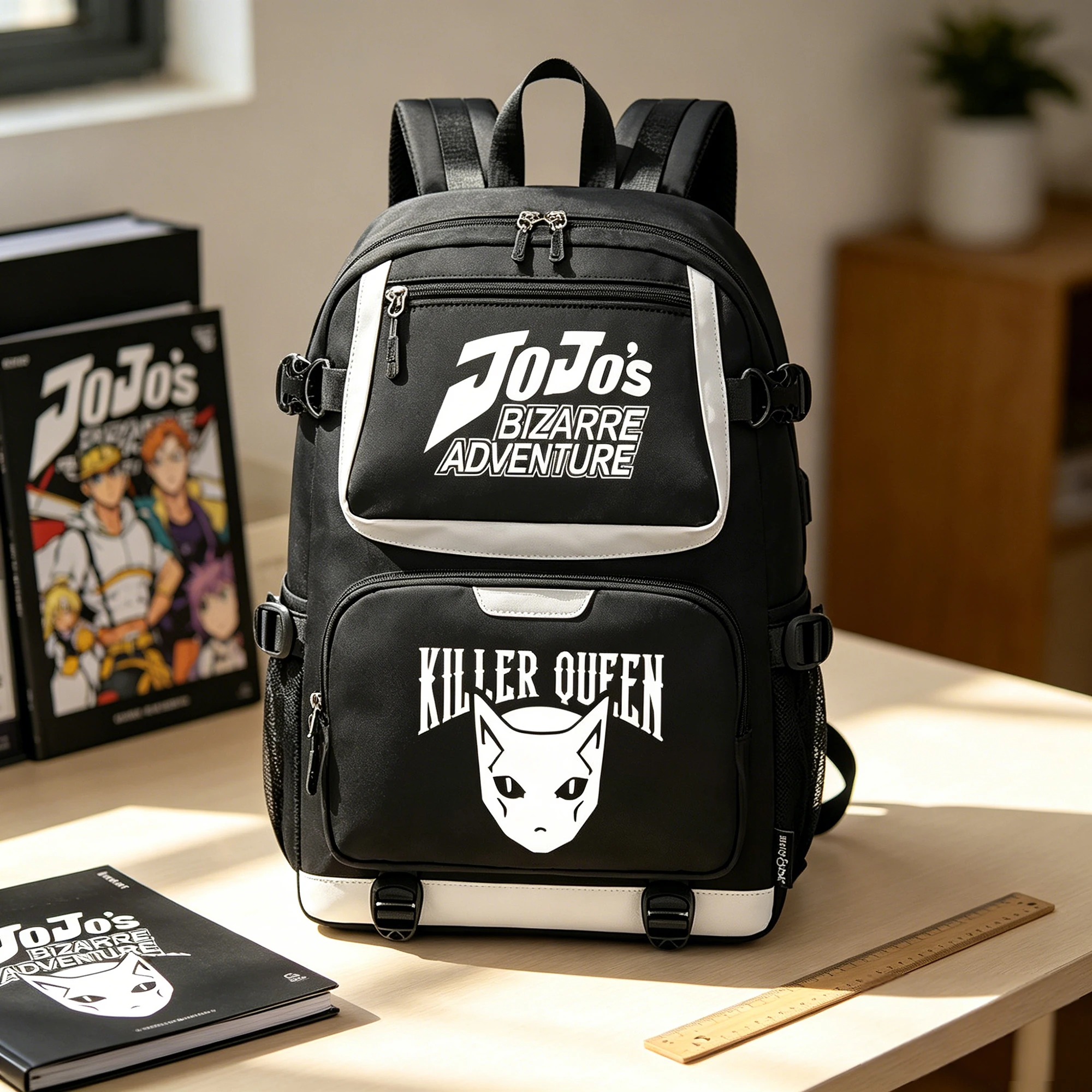 JoJo’s Bizarre Adventure Anime Travel Bagpack Waterproof School Bags Cartoon Large Bookbag Women Pink USB Port Laptop Bagpack