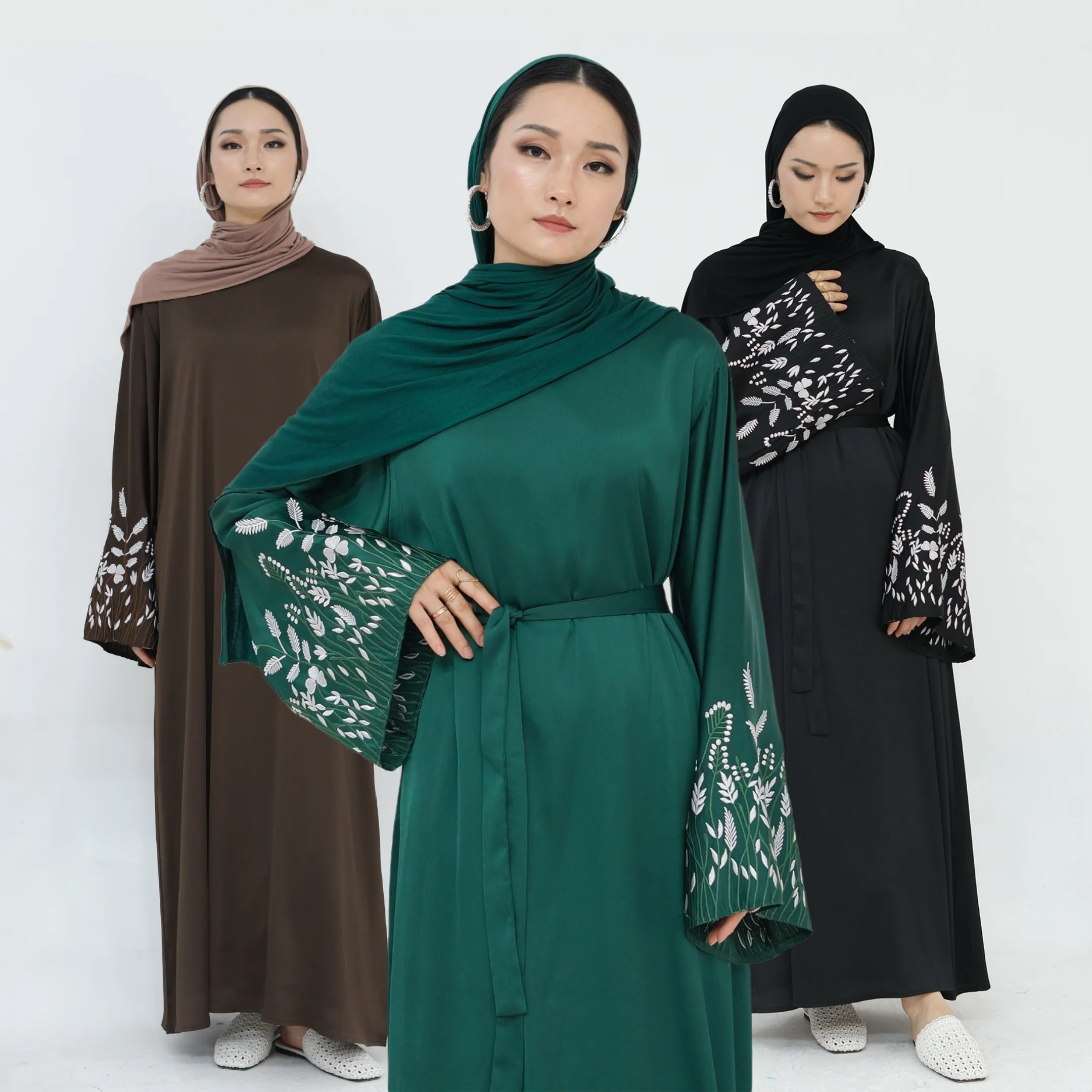 Loose Dubai Abaya Muslim Dress for Women, Embroidered Wide Sleeves, Side Pockets, Turkish Hijabi Islamic Robe, Ramadan, Party