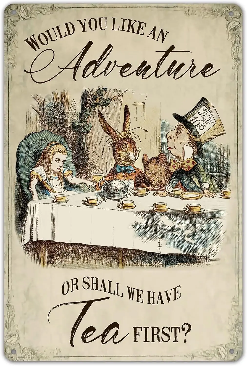 

Unique Plaques Poster for Bar Garage Man Cave Home Wall Decor Alice in Wonderland - Shall we Have Tea First Tin Sign Metal