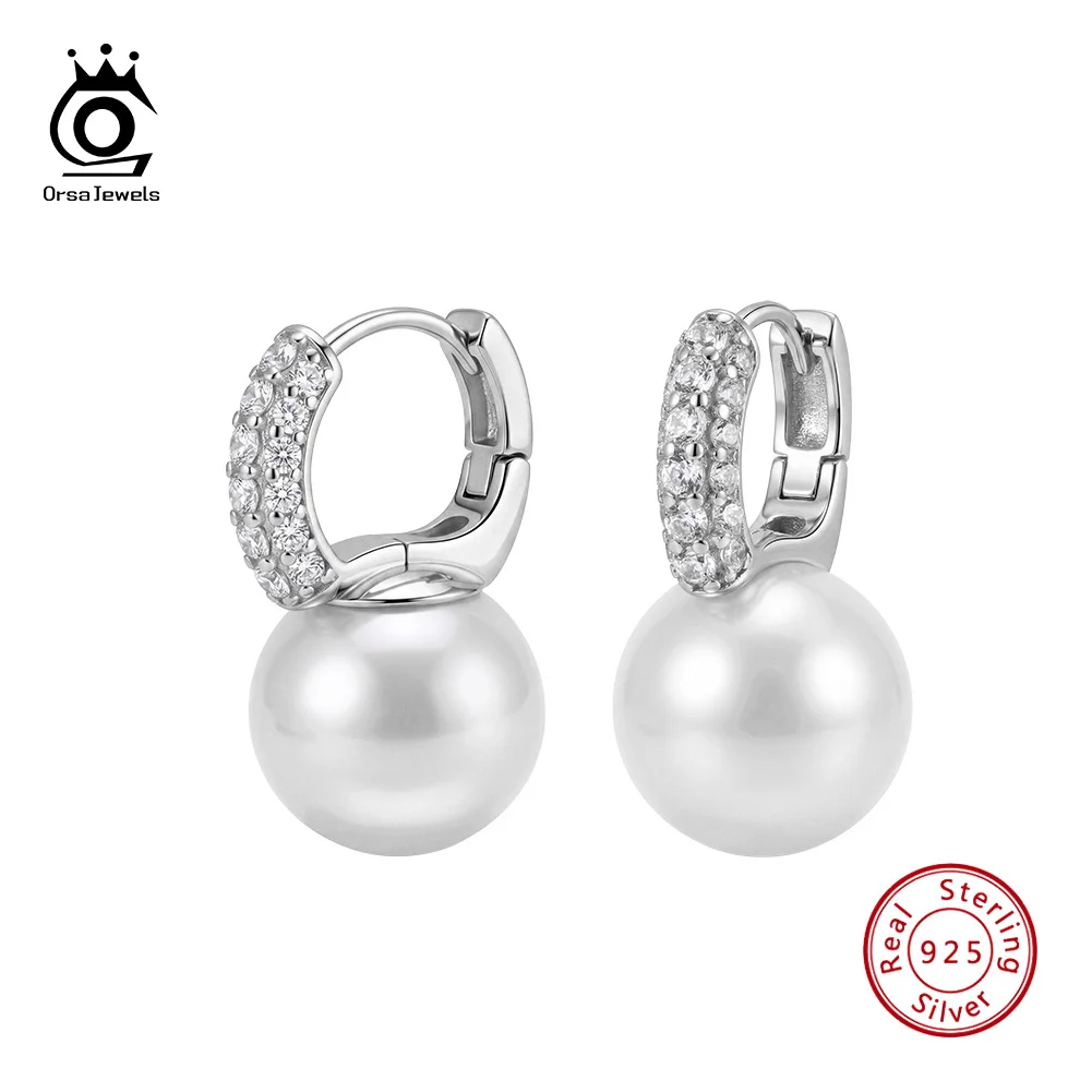 ORSA JEWELS 925 Sterling Silver Luxury Paved Zircon Shell Pearl Huggie Drop Earrings Anniversary Jewelry Gift for Women PSE20