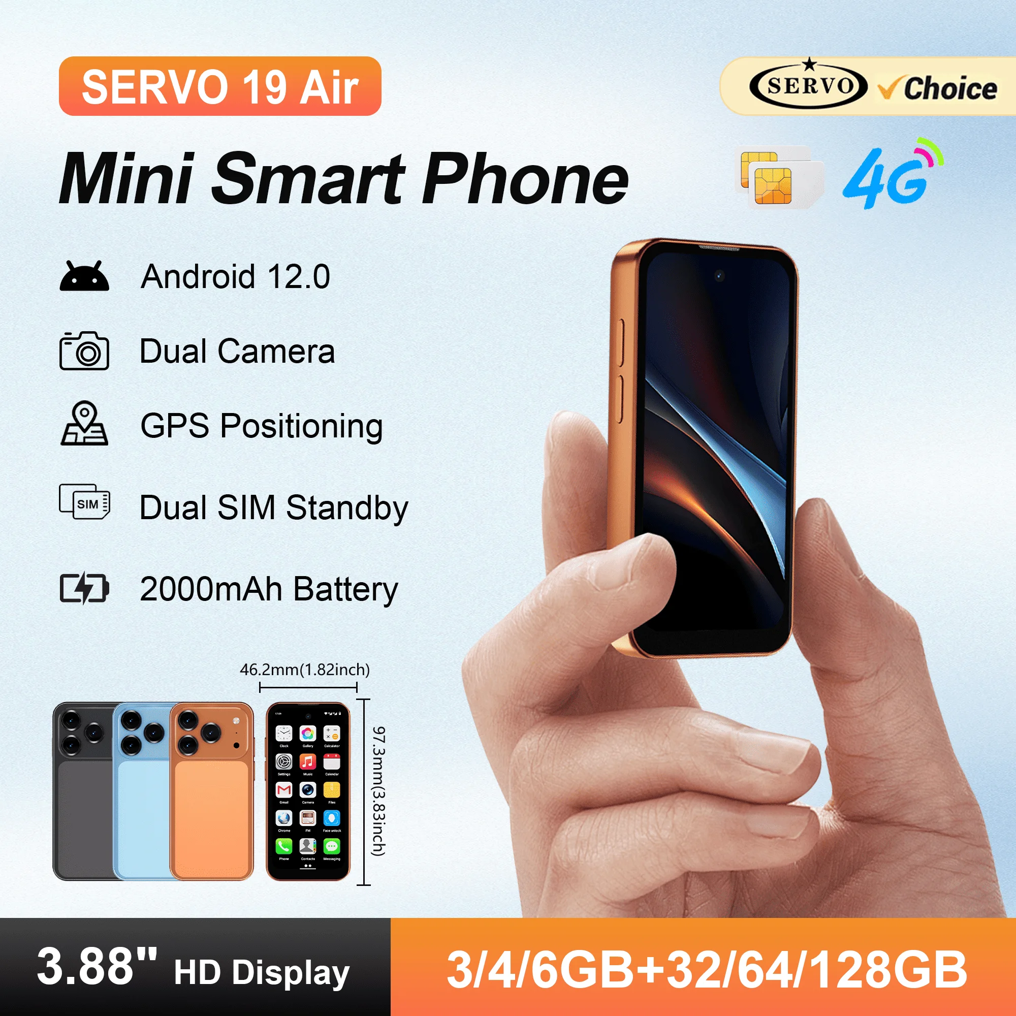 SERVO 19Air 4G LTE Pocket Mini Smartphone Android 12 OS 3.88