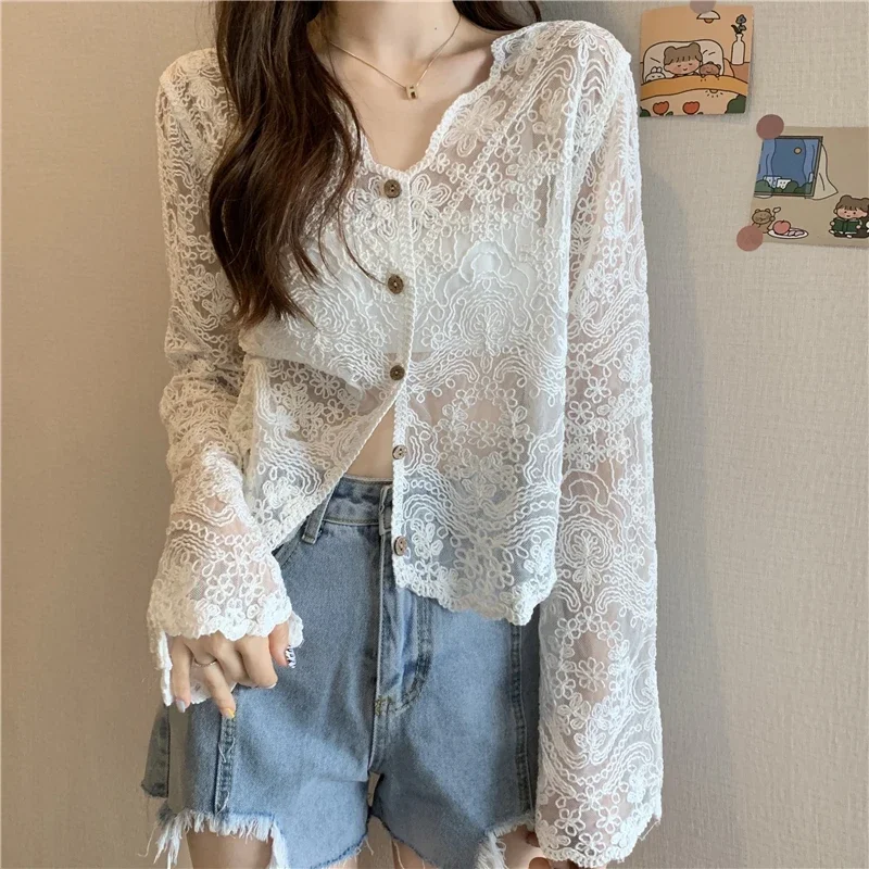 Vintage Summer Lace Blouses Women See Through Sheer Long Sleeve Sun Shirts Korean Style Casual Sun Protection Sexy Ladies Tops