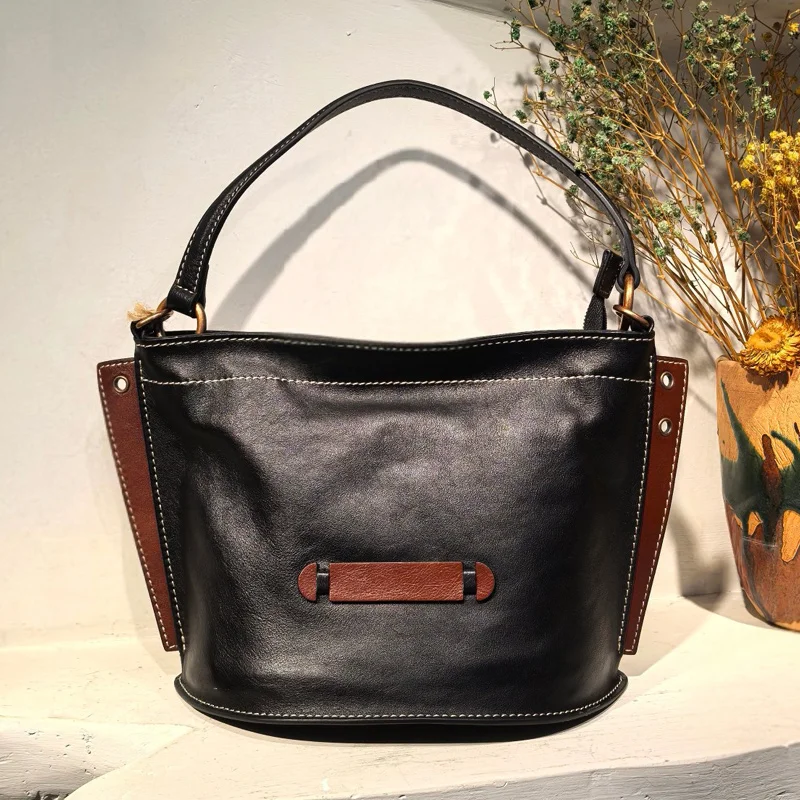 High quality women's bag new simple solid color first layer leather multifunctional small bucket shoulder bag crossbody bag