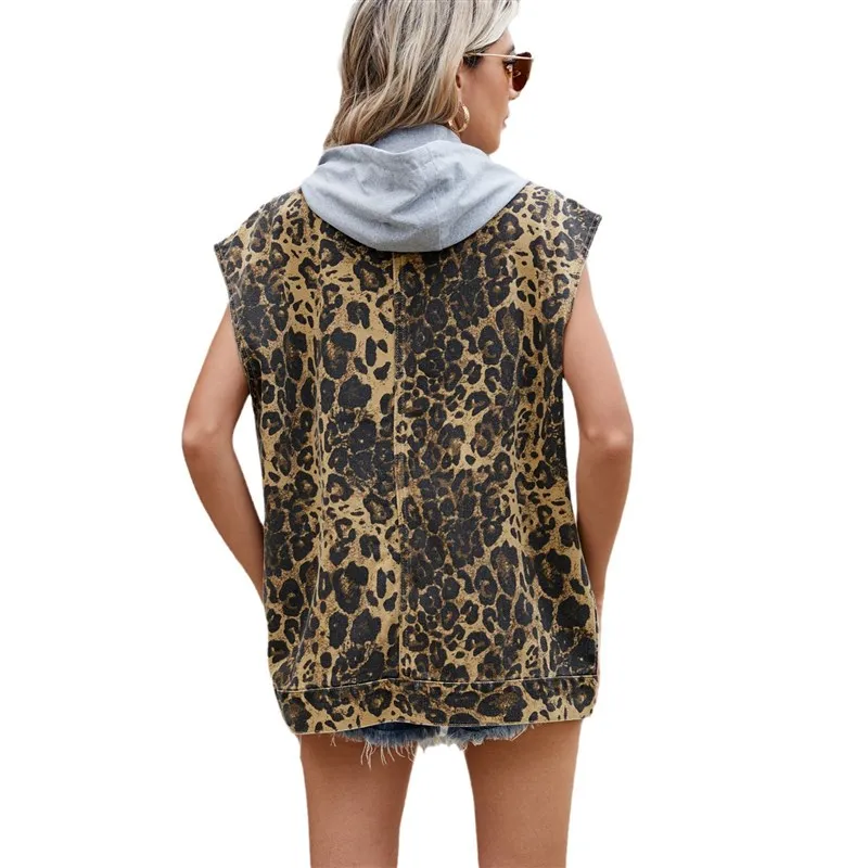 

Waed Denim Loose Leopard Print Waistcoat Street Sle Long Cardigan for Women Autumn Collection Outerwear Jeans Material