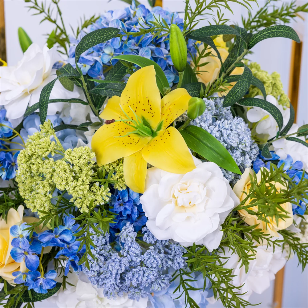 Imagem -06 - Arranjo Floral para Evento de Casamento Decoração de Fundo Mesa Central Azul Amarelo Série Hortênsia Lírio Verdes Decoração para Casa