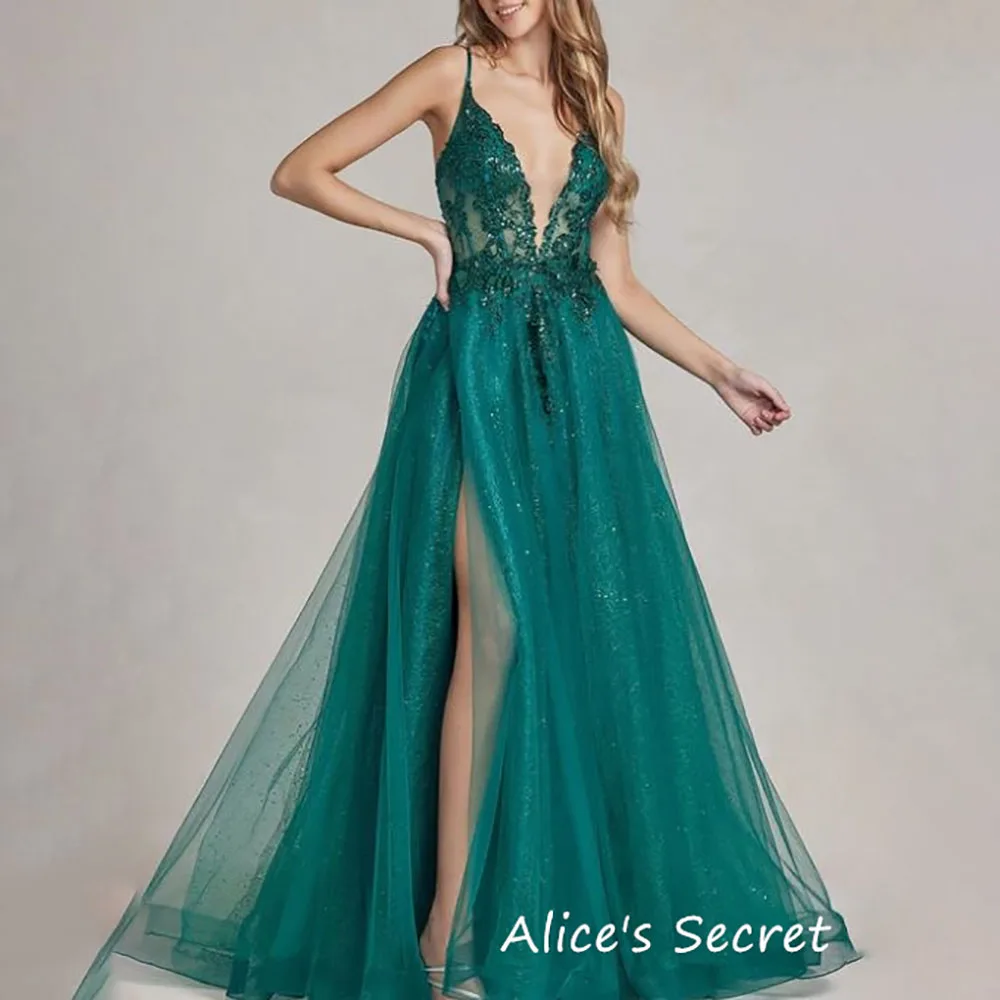 

A-Line Tulle V-Neck Straps Open Back Criss-Cross Embroidery Side Slit Sweep Train Prom Dress Evening Gown