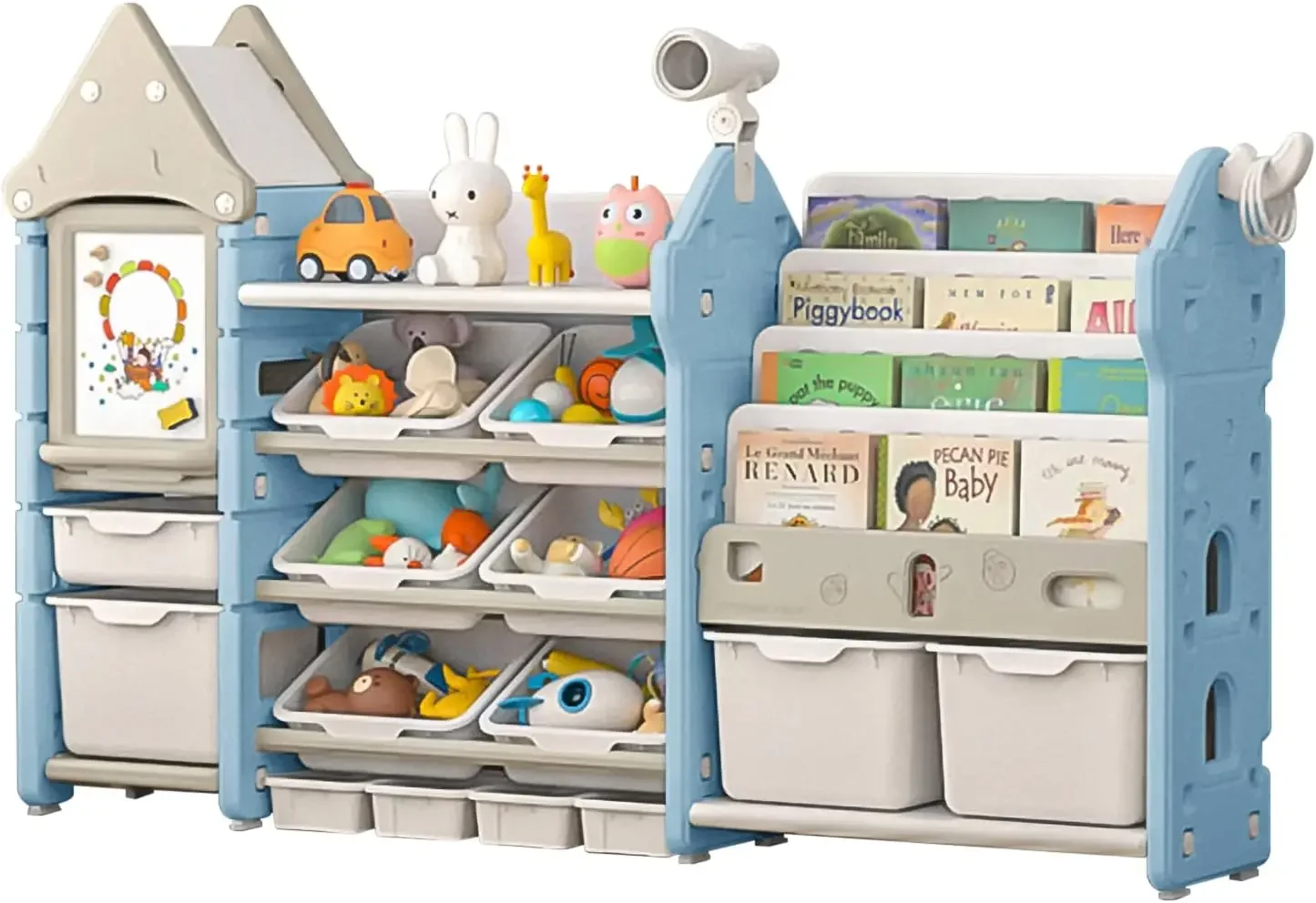 UNICOO - Kids Toy Storage Organizer and Children Bookshelf, with 14 Bins, Pull-Out Drawers Multipurpose Shelf for Toddlers to Or